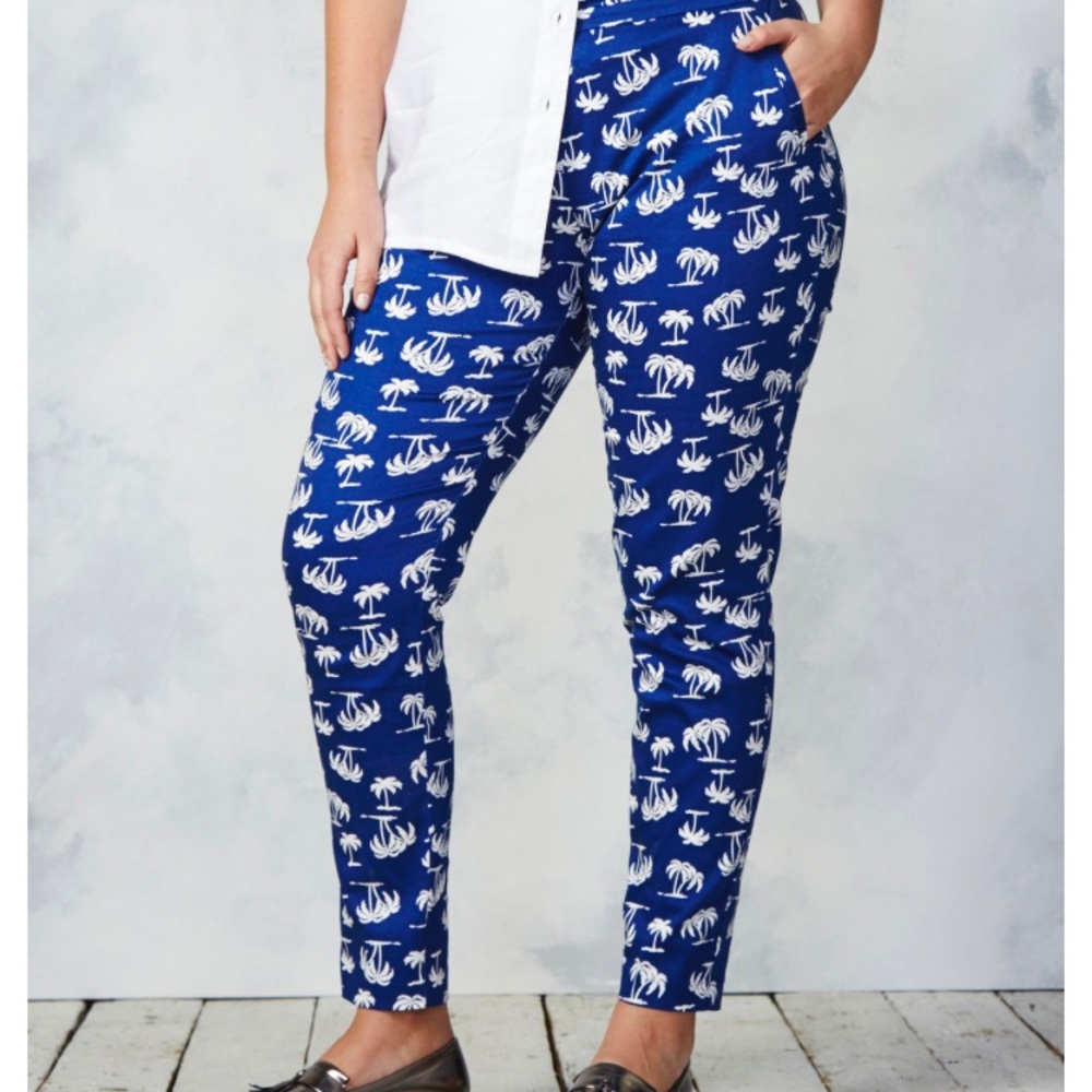 COTTON SATEEN PALM PRINT ANKLE PANTS